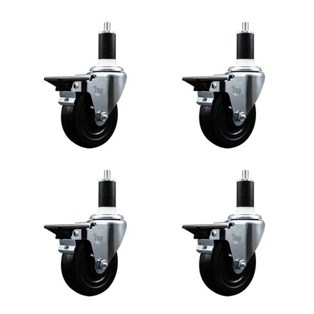 Service Caster 4'' Soft Rubber Swivel 1-3/8'' Expanding Stem Caster Set with Brake, 4PK SCC-EX20S414-SRS-PLB-138-4